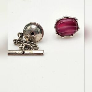 Vintage Dante Tie Tack Pin, silvertone with red/pink stone